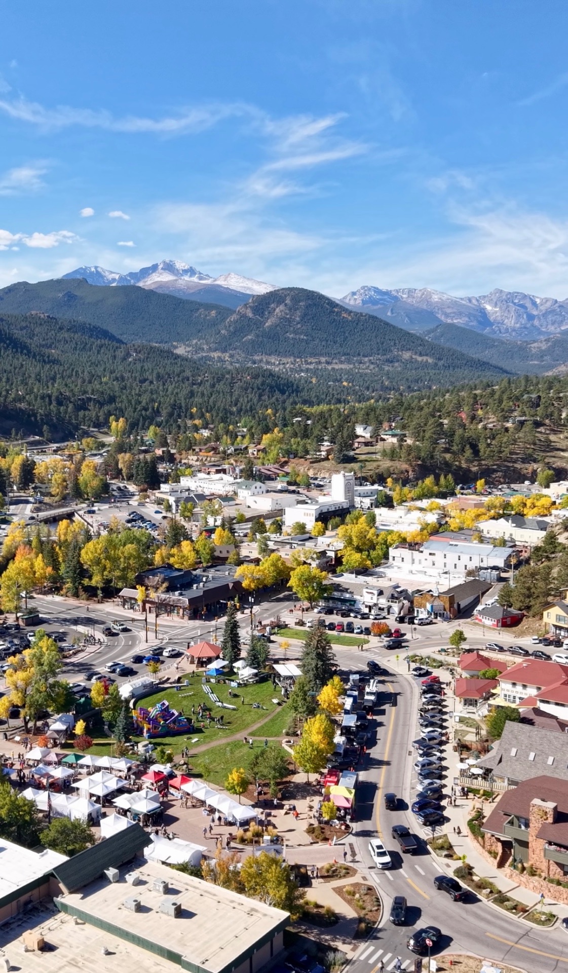 Mountain town surrounded by autumn trees and Rocky Mountain peaks