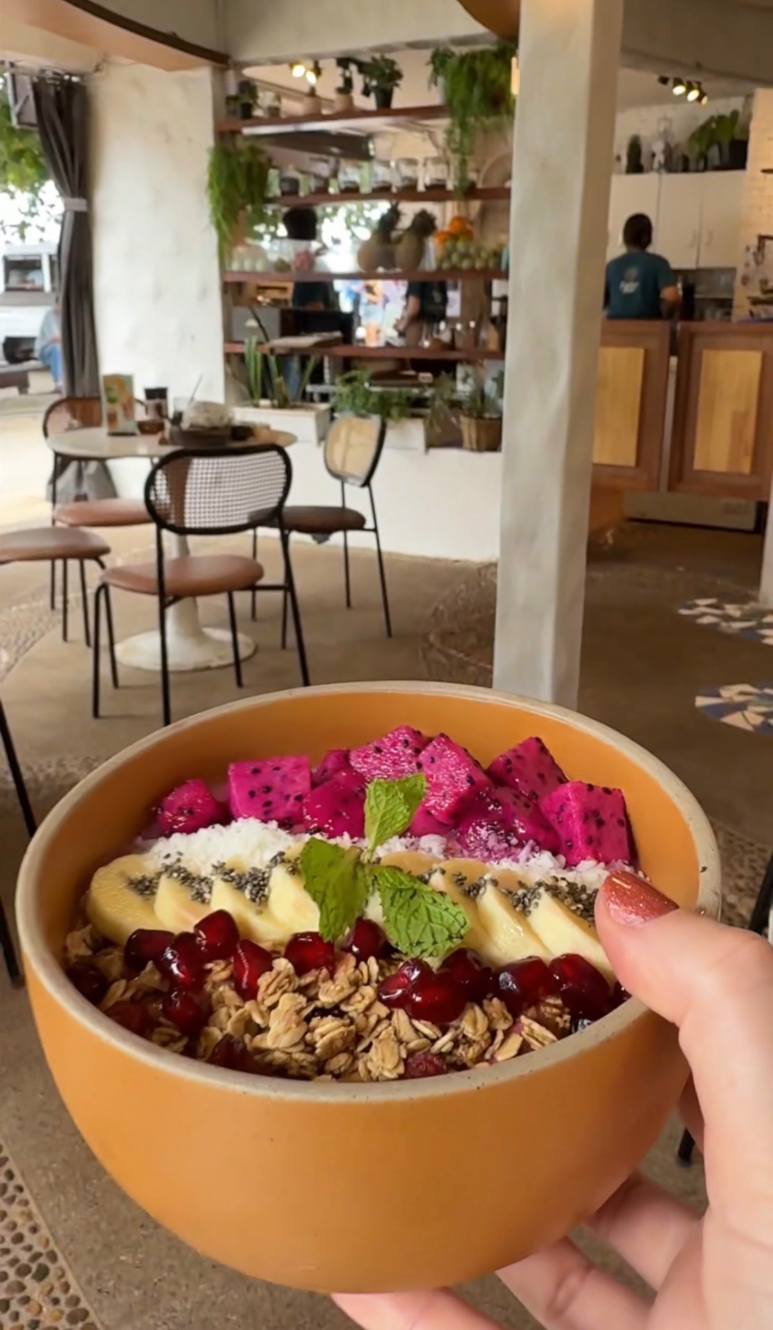 Smoothie bowl topped with dragon fruit, banana, granola and pomegranate at Zenith in Ao Nang, Thailand