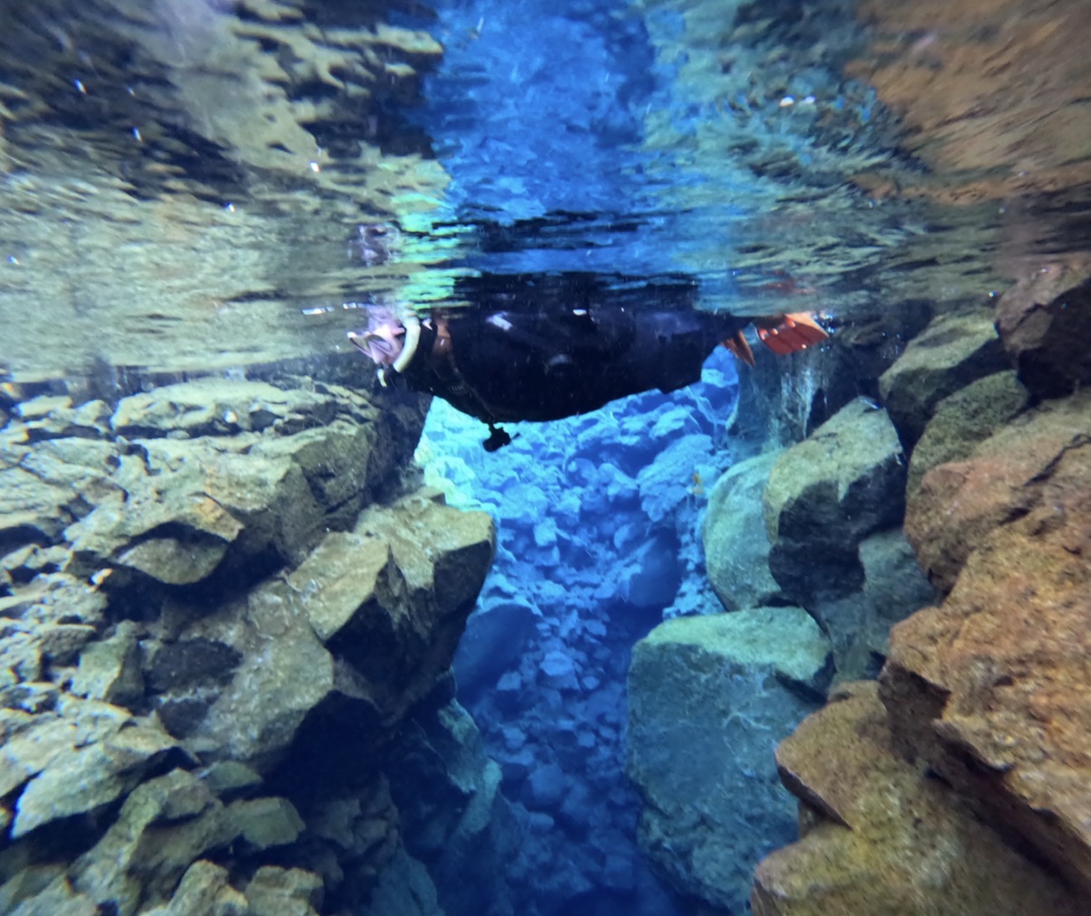Snorkeling through the glacial water of Silfra fissure between tectonic plates in Þingvellir National Park, Iceland