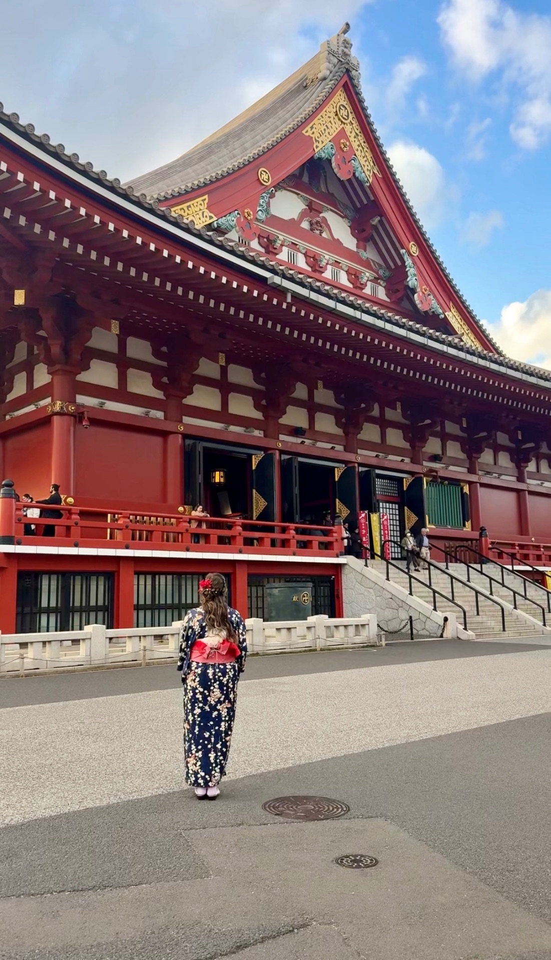 Senso-ji Temple with a visitor in a floral kimono in Tokyo