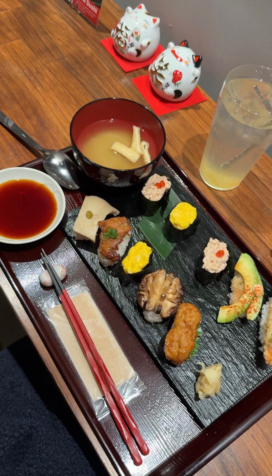 Vegan sushi set with avocado, mushroom and tofu nigiri at Vegan Sushi Tokyo