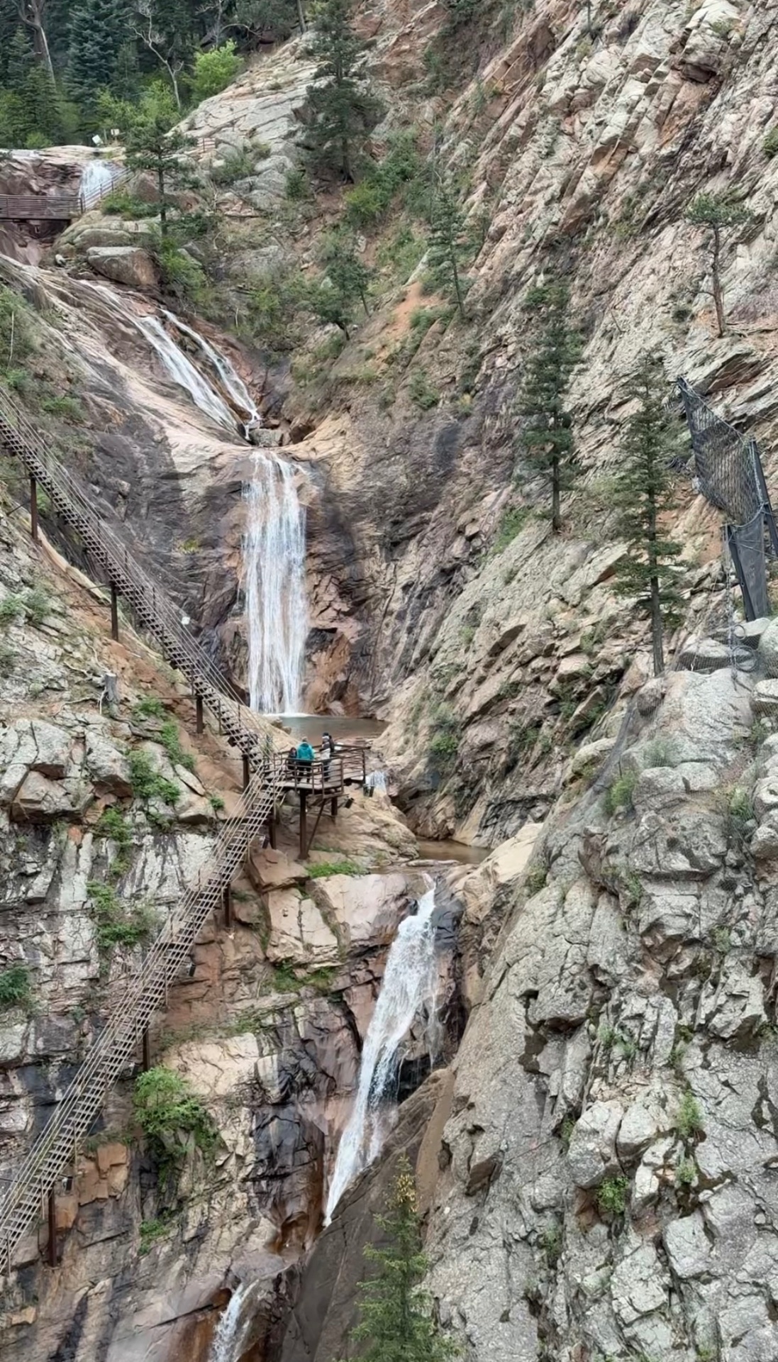 Seven Falls cascading down a rocky canyon in Colorado Springs
