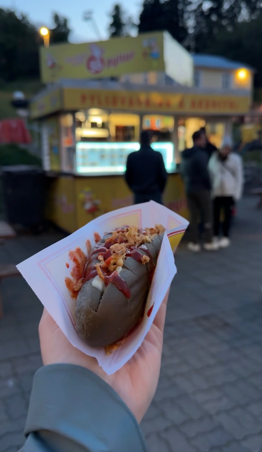 Veggie Volcano Dog held in front of the Pylsuvagninn hot dog stand in Akureyri, Iceland